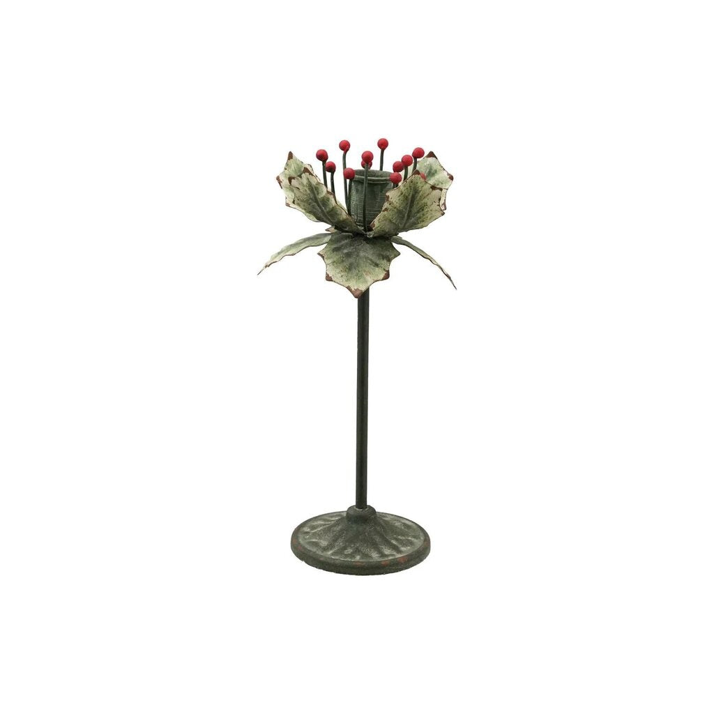 Green Metal Holly Leaf Taper Holder