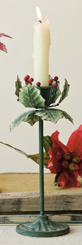 Green Metal Holly Leaf Taper Holder