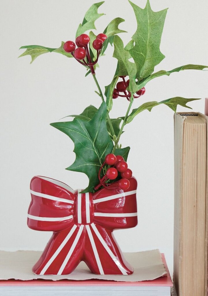 Ceramic Red + White Striped Bow Vase