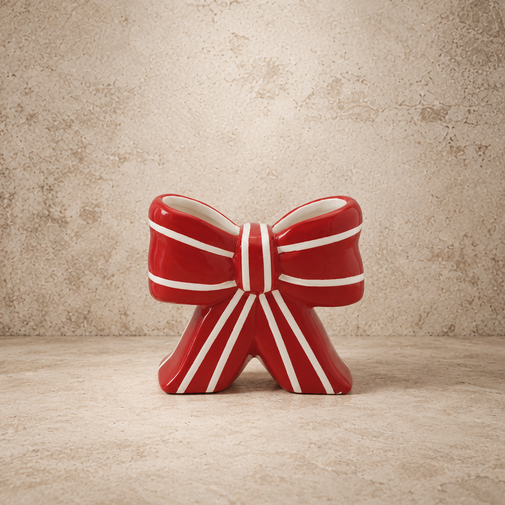 Ceramic Red + White Striped Bow Vase