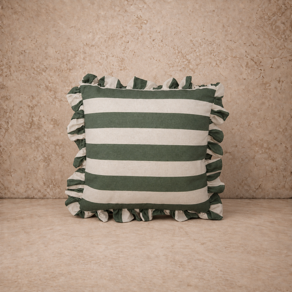 Green + Natural Striped Ruffle Pillow