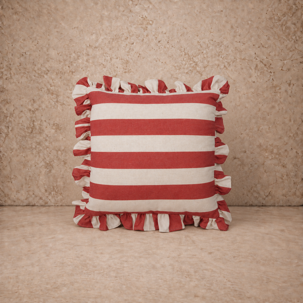 Red + Natural Striped Ruffle Pillow