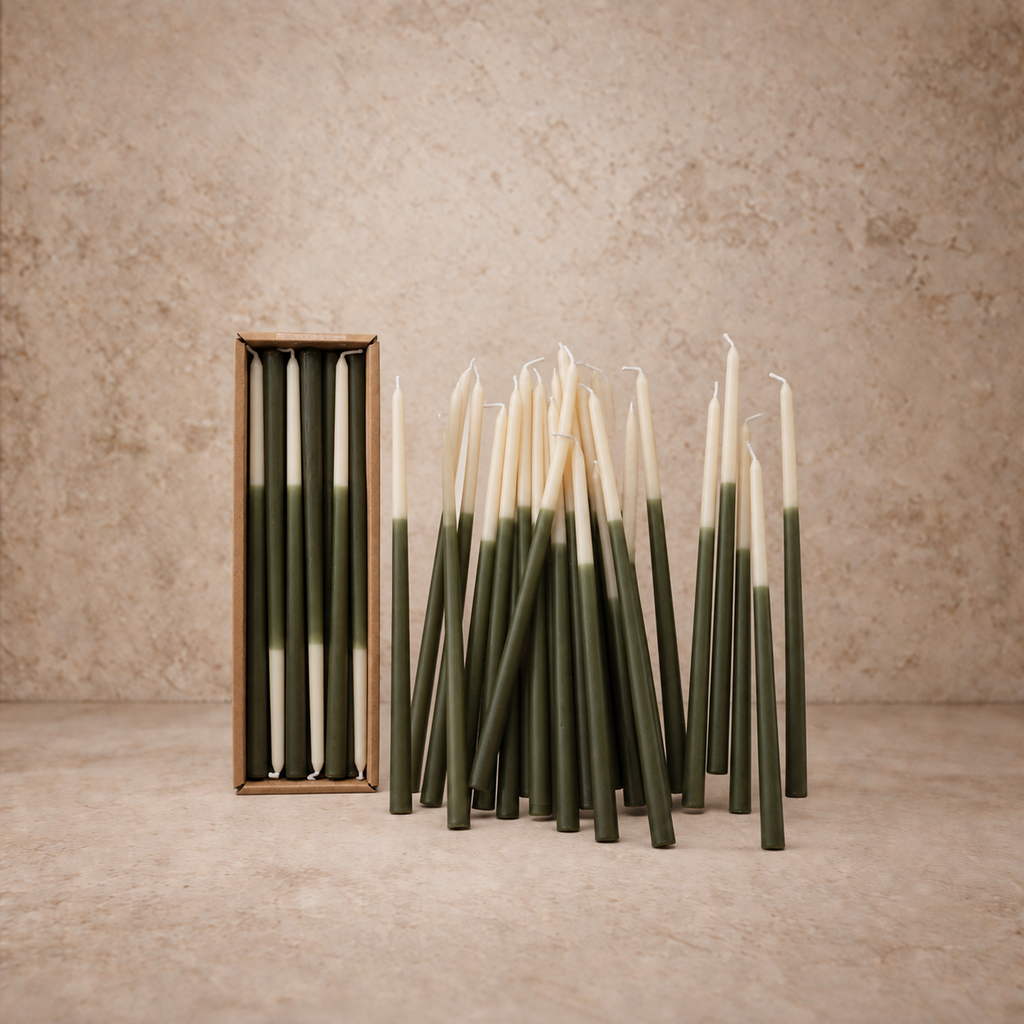 Unscented Two- Tone Olive Thin Taper Candle- Set of 24