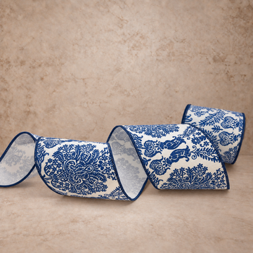 Blue Chinoiserie on White Ribbon - 10yrds