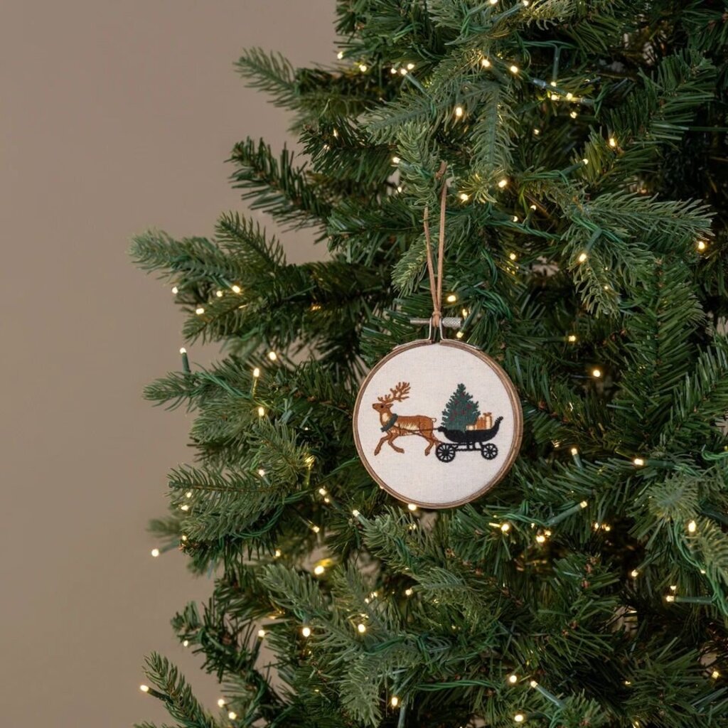 Reindeer + Sleigh Embroidered Ornament