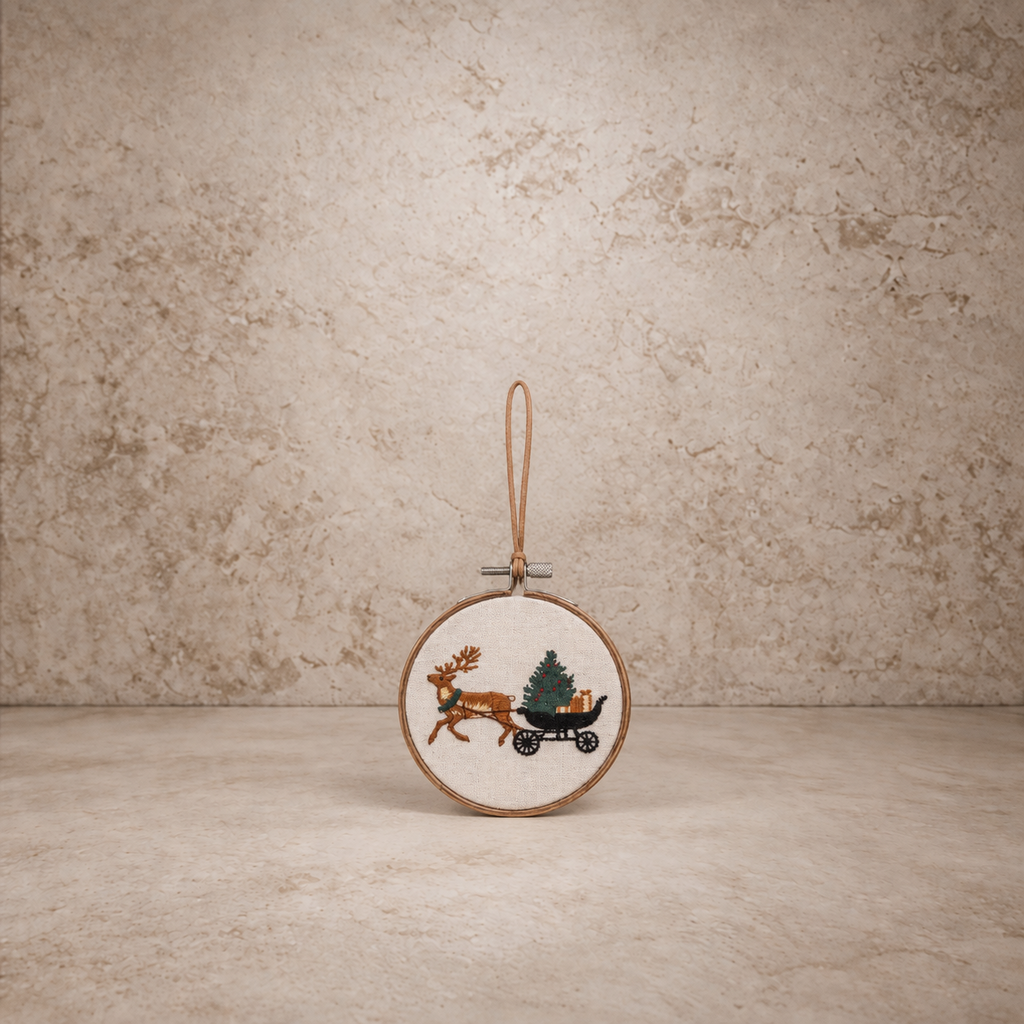 Reindeer + Sleigh Embroidered Ornament