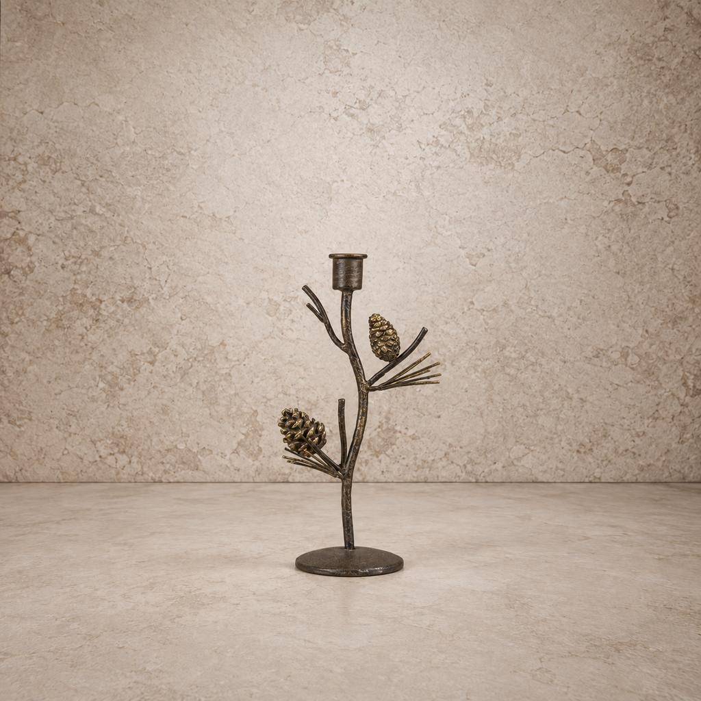 Tree Branch with Pinecones Taper Candle Holder
