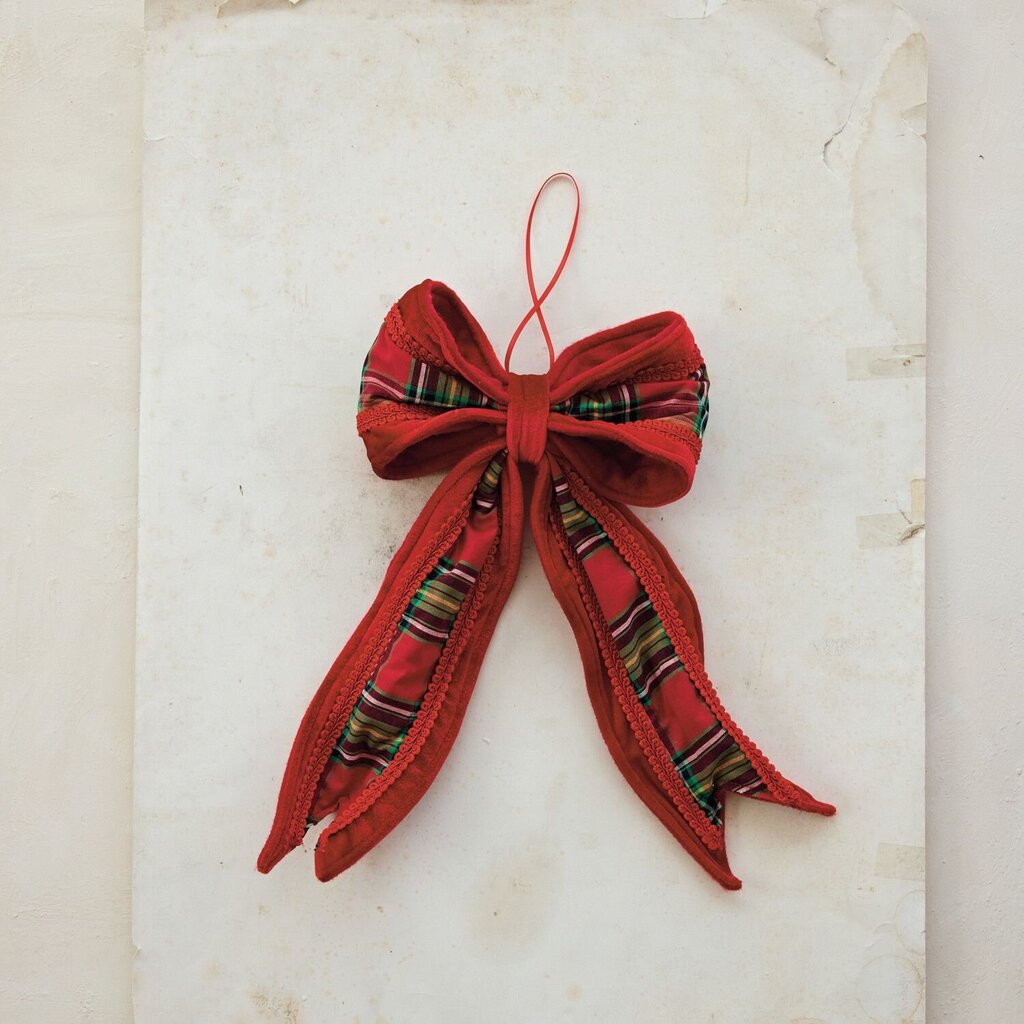 Oversized Velvet Red + Green Plaid Bow Ornament