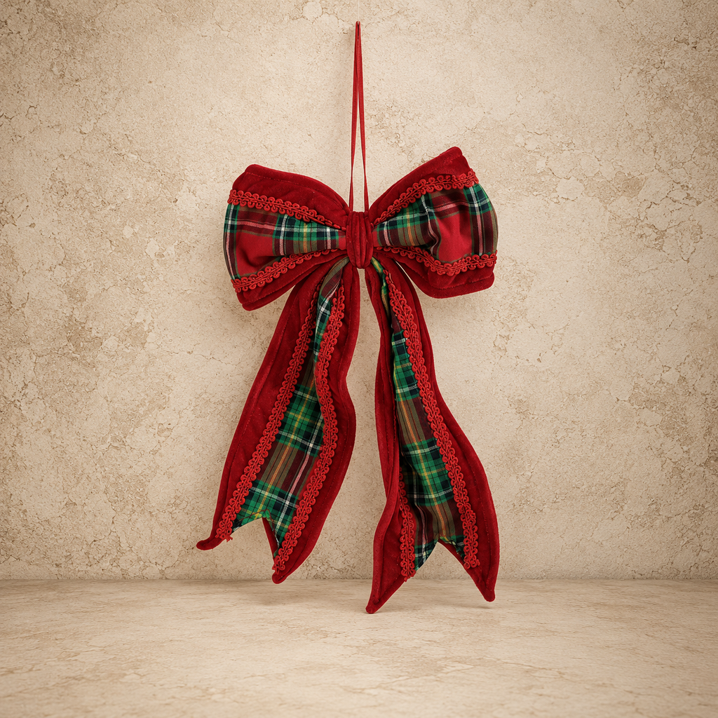 Oversized Velvet Red + Green Plaid Bow Ornament