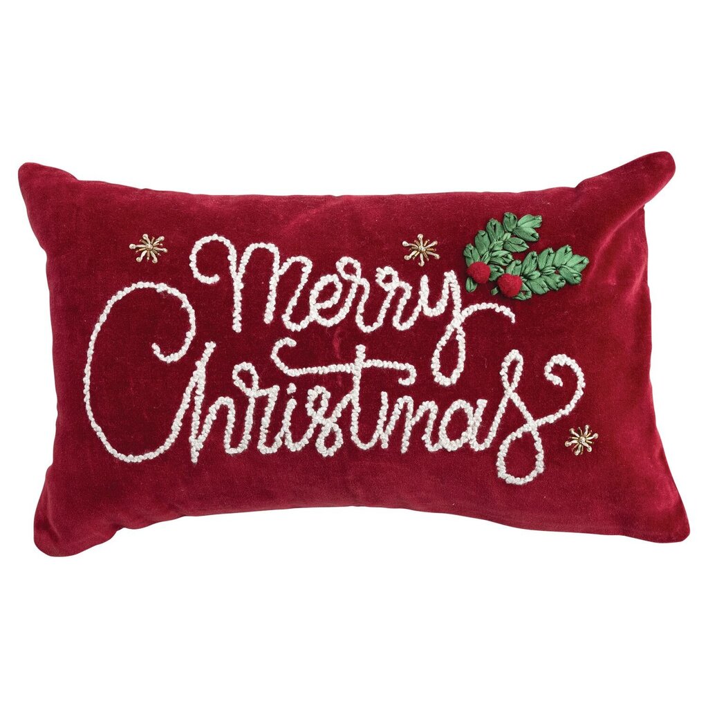 Embroidered "Merry Christmas" Velvet Lumbar Pillow