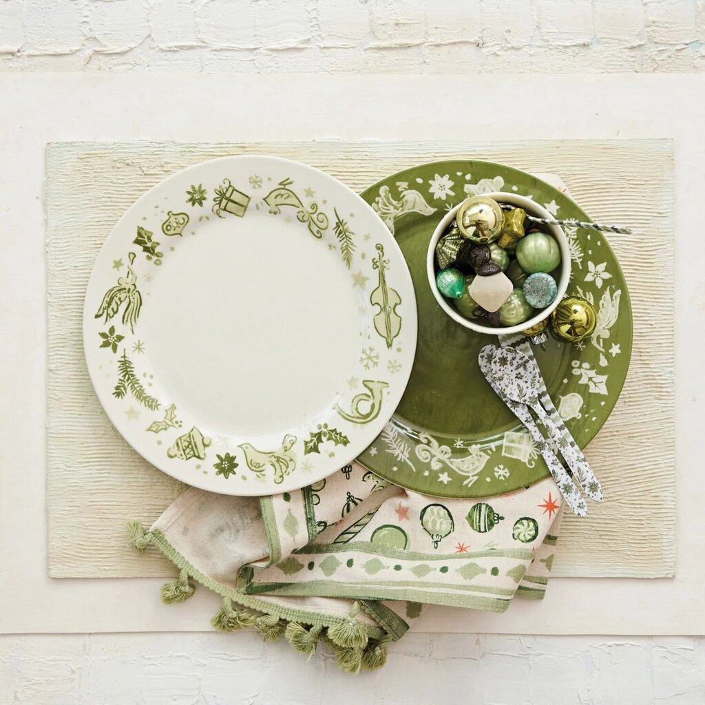 Stoneware Green + Cream Holiday Plate