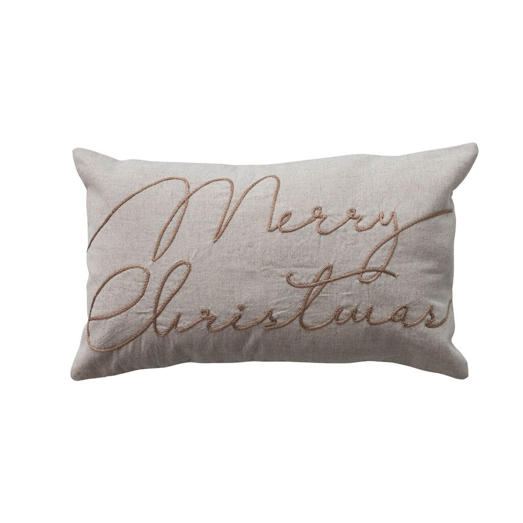 Copper Embroidered Merry Christmas Lumbar Pillow- (20x12)