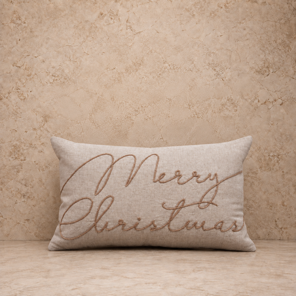 Copper Embroidered Merry Christmas Lumbar Pillow- (20x12)