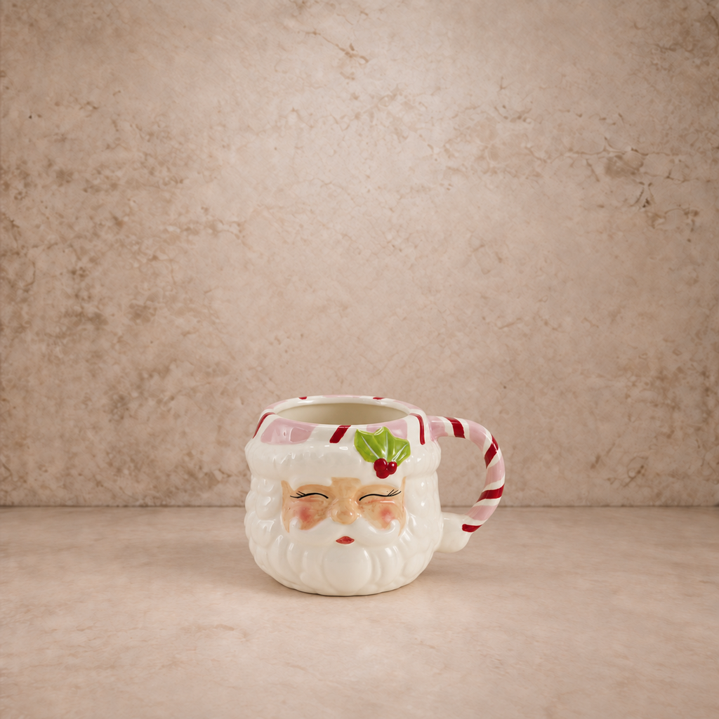 Hand Painted Santa Head Mug w/ Candy Striped Handle