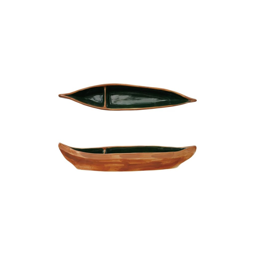 Hand Painted Stoneware Canoe Shaped Dish