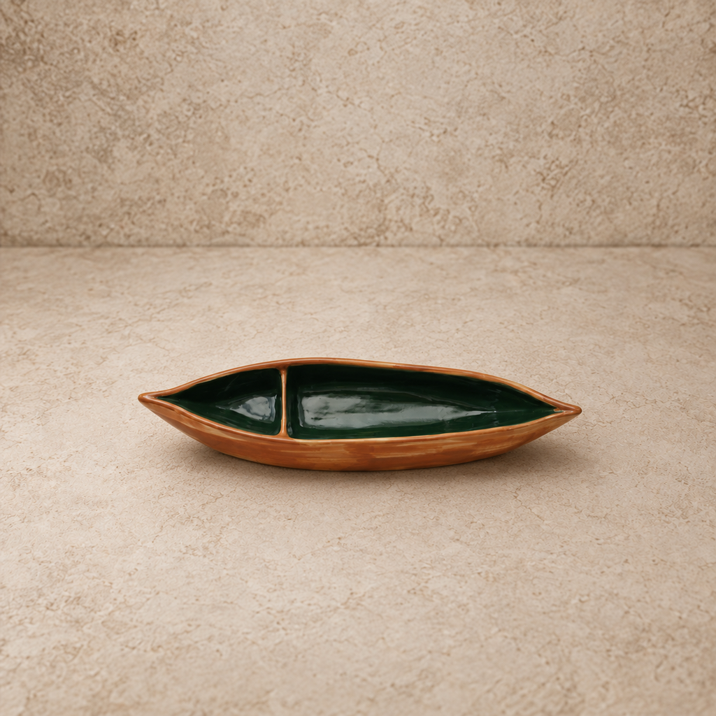 Hand Painted Stoneware Canoe Shaped Dish