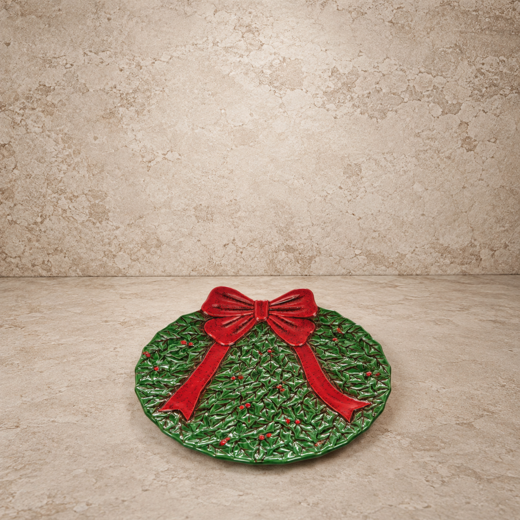 Hand Painted Ceramic Wreath Shaped Plate w/ Bow