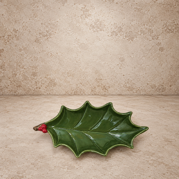 Hand Painted Holly Leaf Shaped Footed Tray