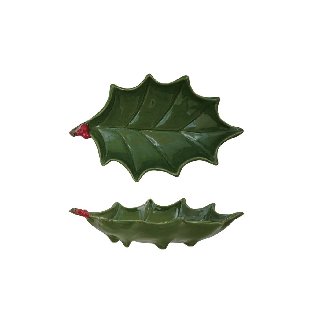 Hand Painted Holly Leaf Shaped Footed Tray
