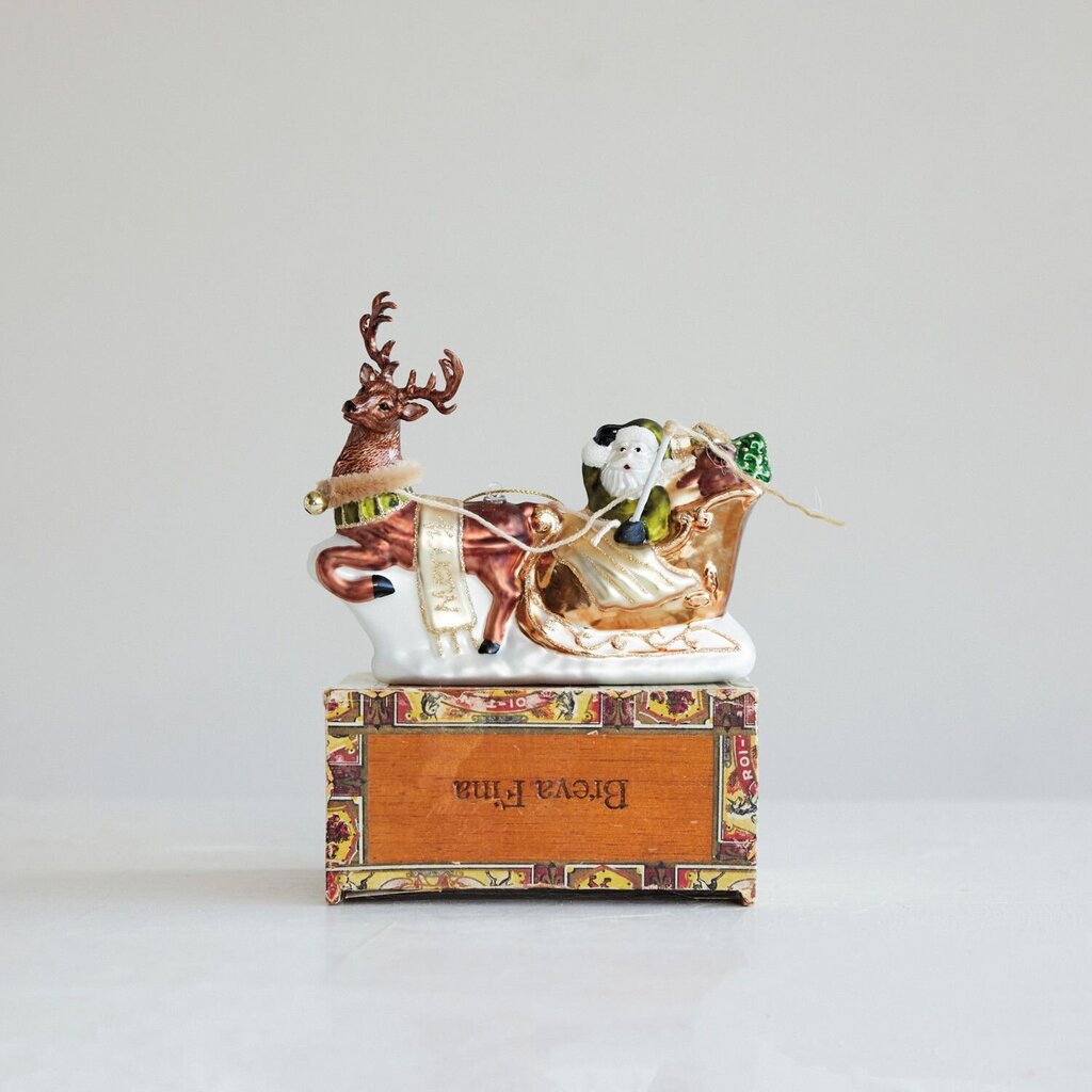 Hand Painted Santa's Sleigh + Reindeer Glass Ornament