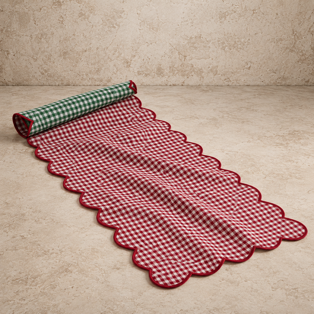 Scalloped Two Sided Gingham Table Runner