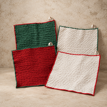 Set of Four Red + Green Waffle Weave Dish Cloths