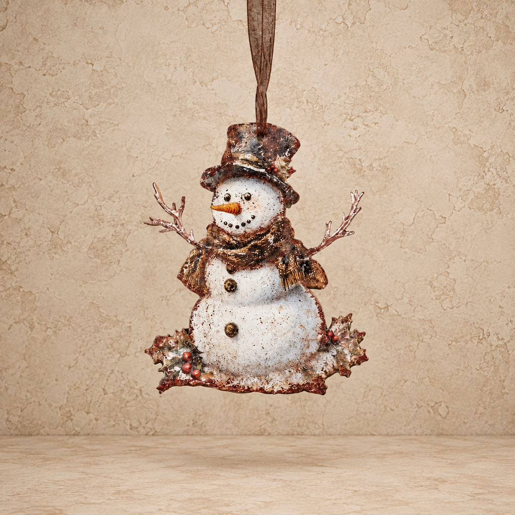 Holly Snowman Metal Ornament