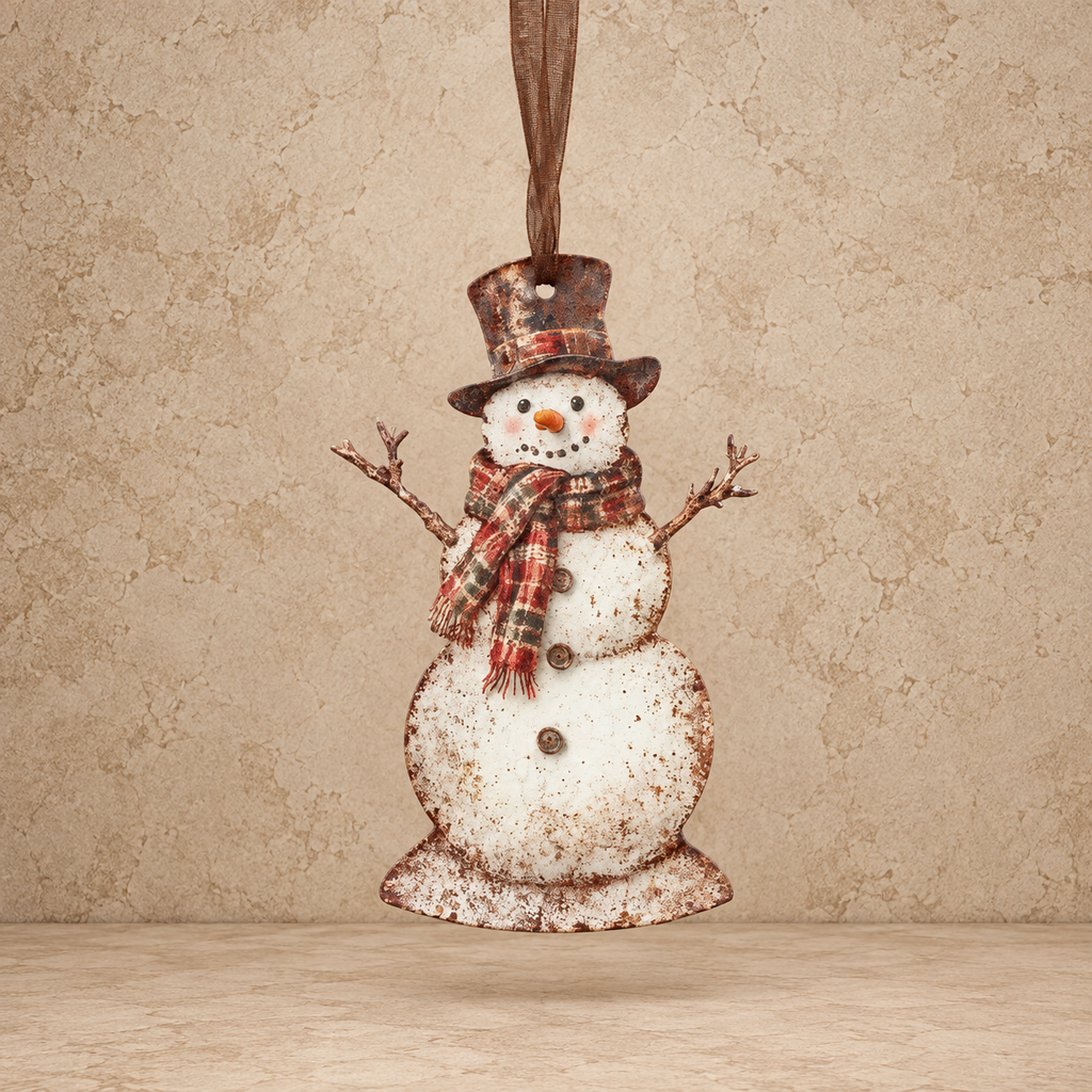 Plaid Scarf Snowman Metal Ornament