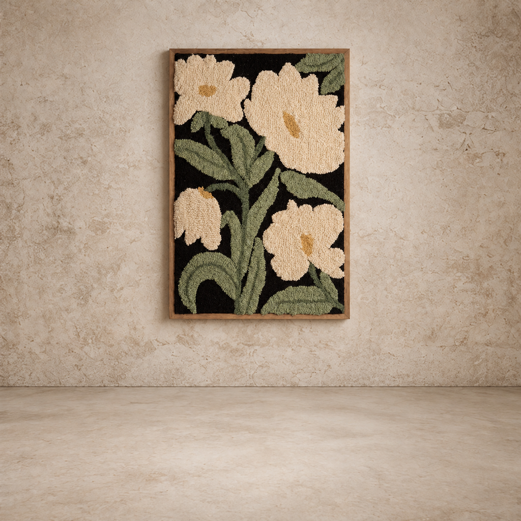 Framed Hand Hooked White Flower Art