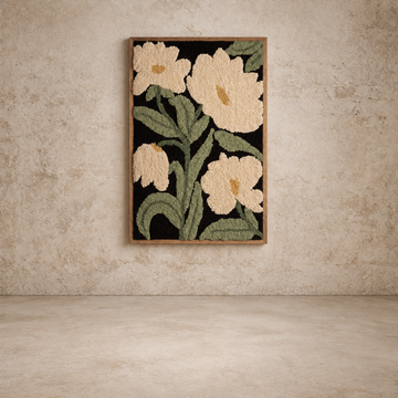 Framed Hand Hooked White Flower Art