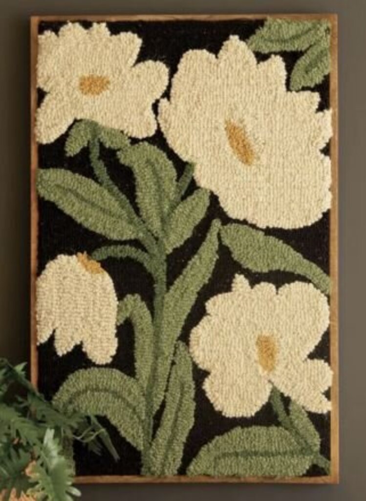 Framed Hand Hooked White Flower Art