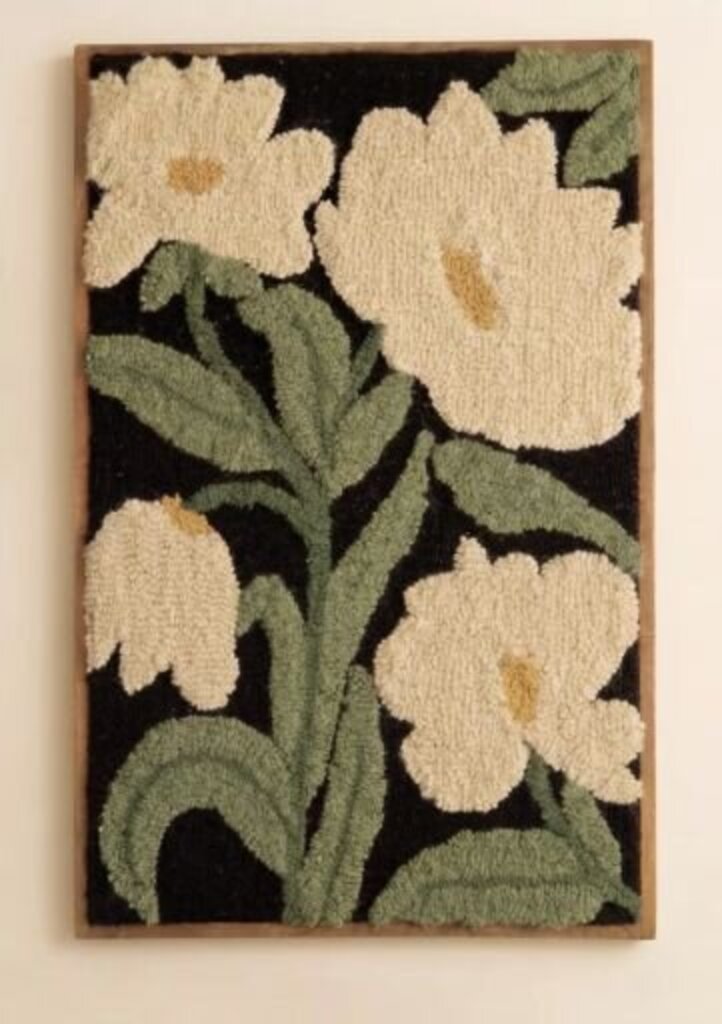 Framed Hand Hooked White Flower Art