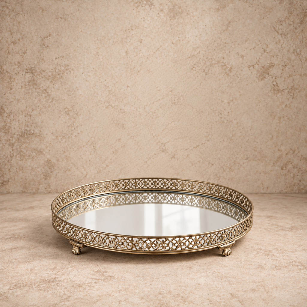 Oval Metal Filigree Footed Tray with Mirror