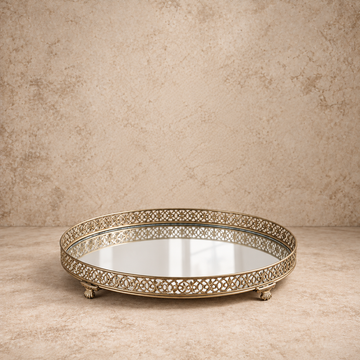 Oval Metal Filigree Footed Tray with Mirror
