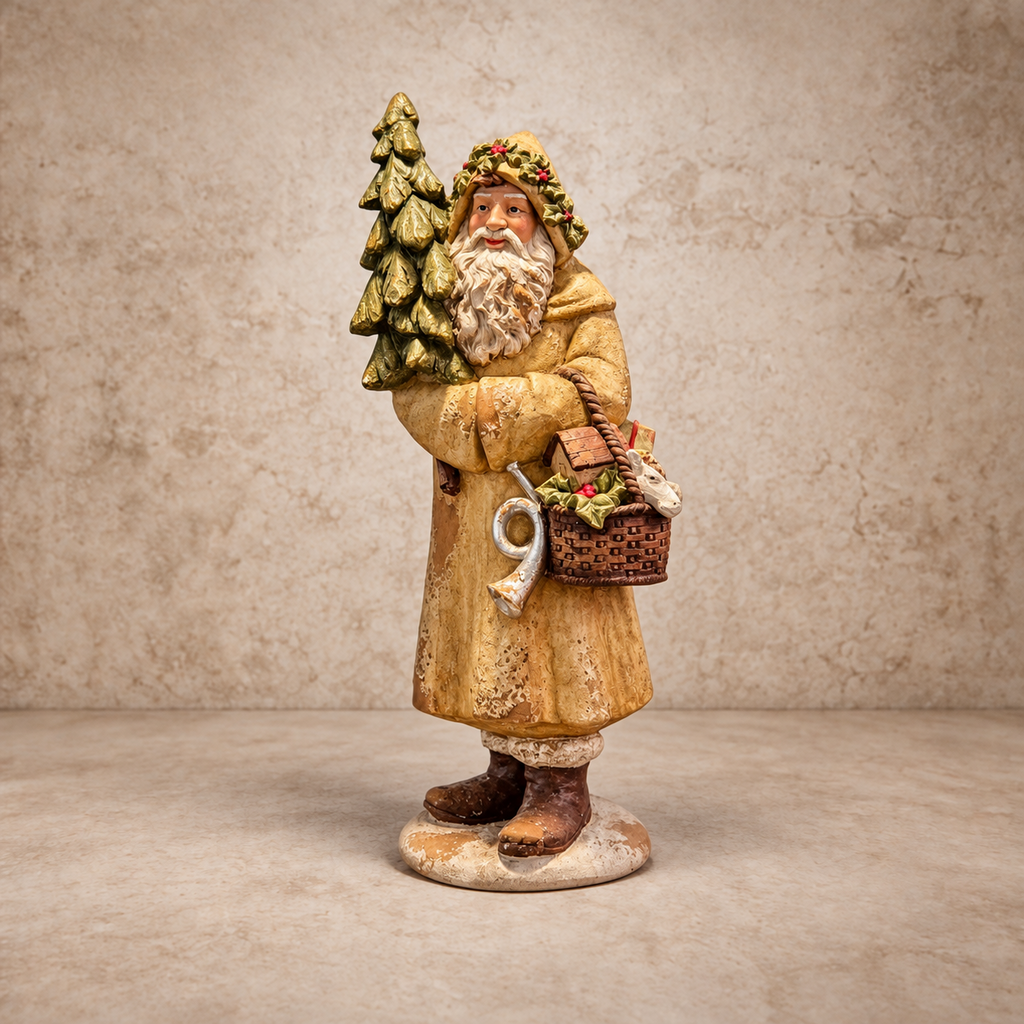 Vintage Style Santa Claus Statue w/ Tree + Basket