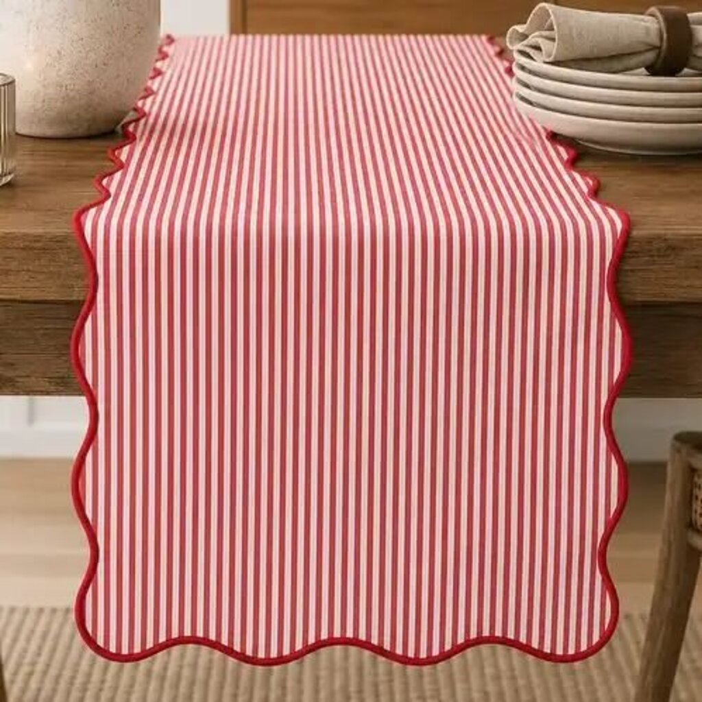 Red Scalloped Edge Striped Table Runner