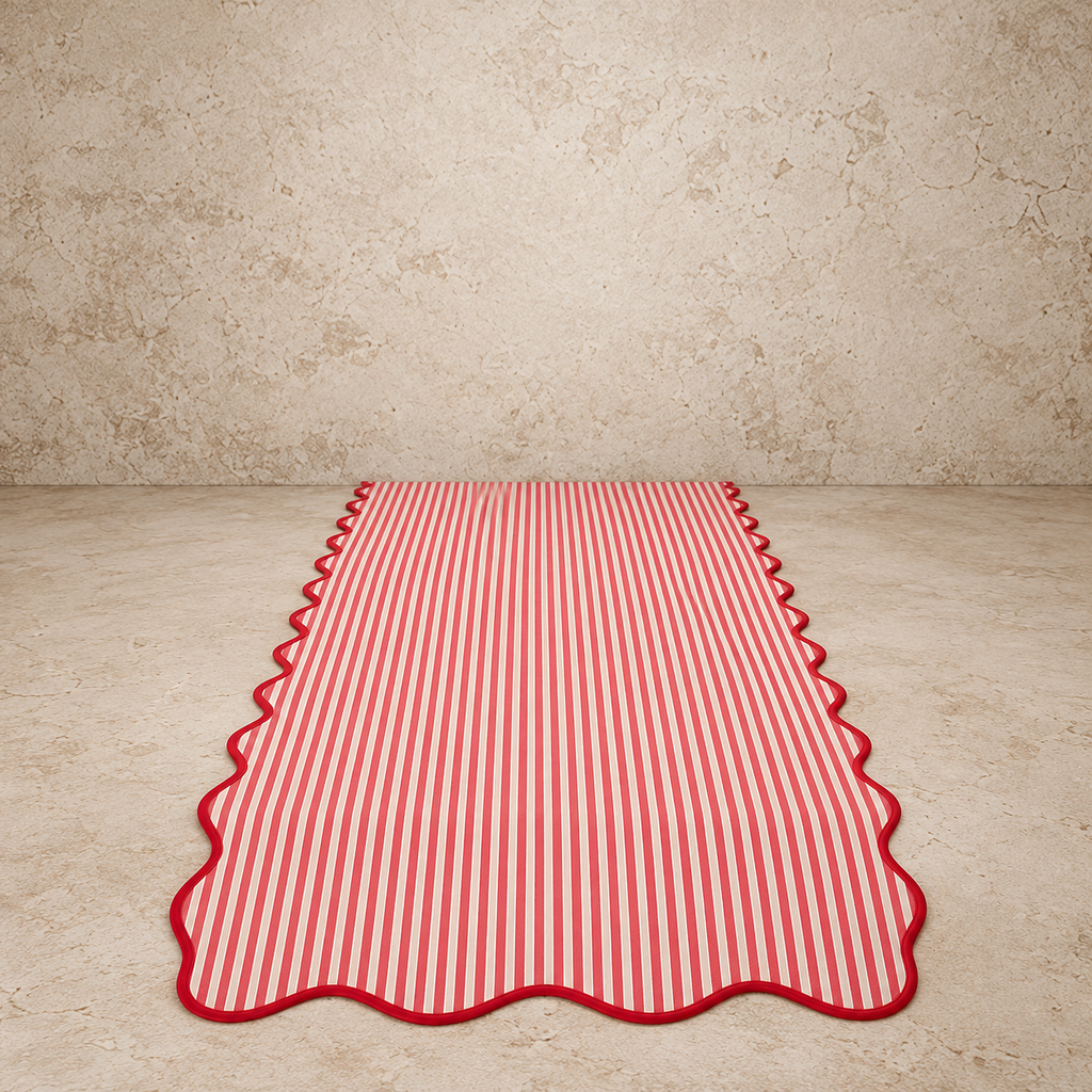 Red Scalloped Edge Striped Table Runner