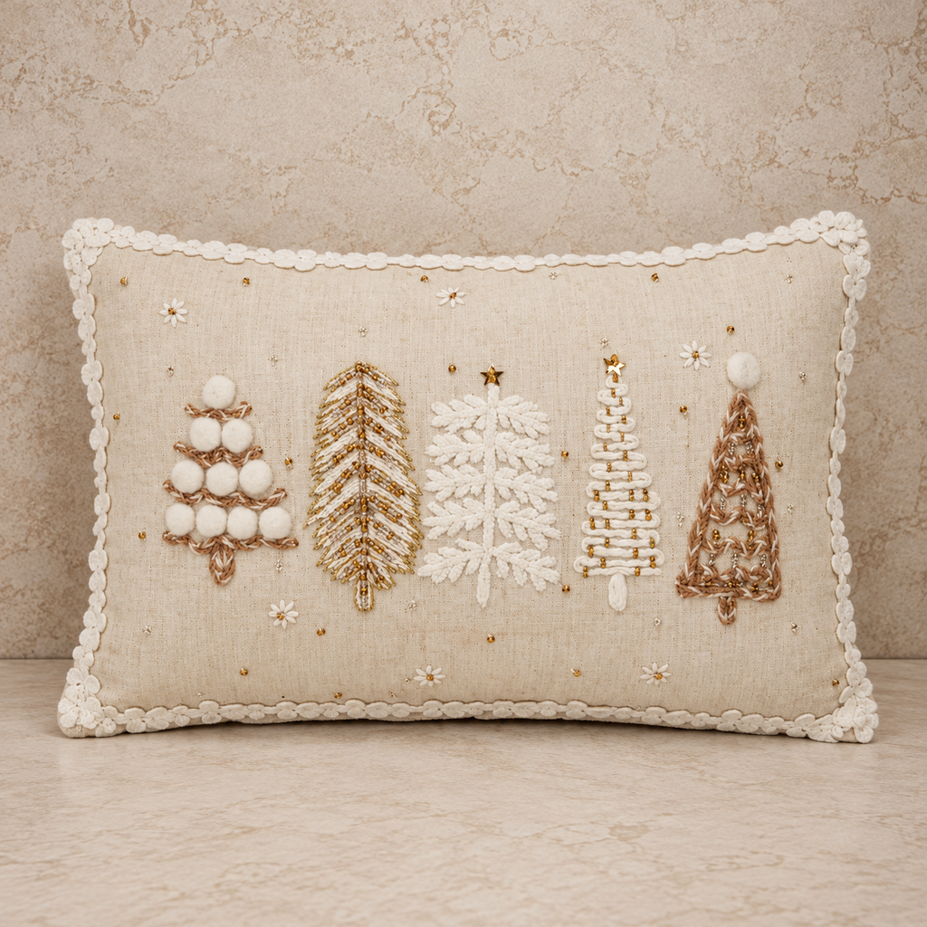 Cream Five Christmas Trees Lumbar Pillow