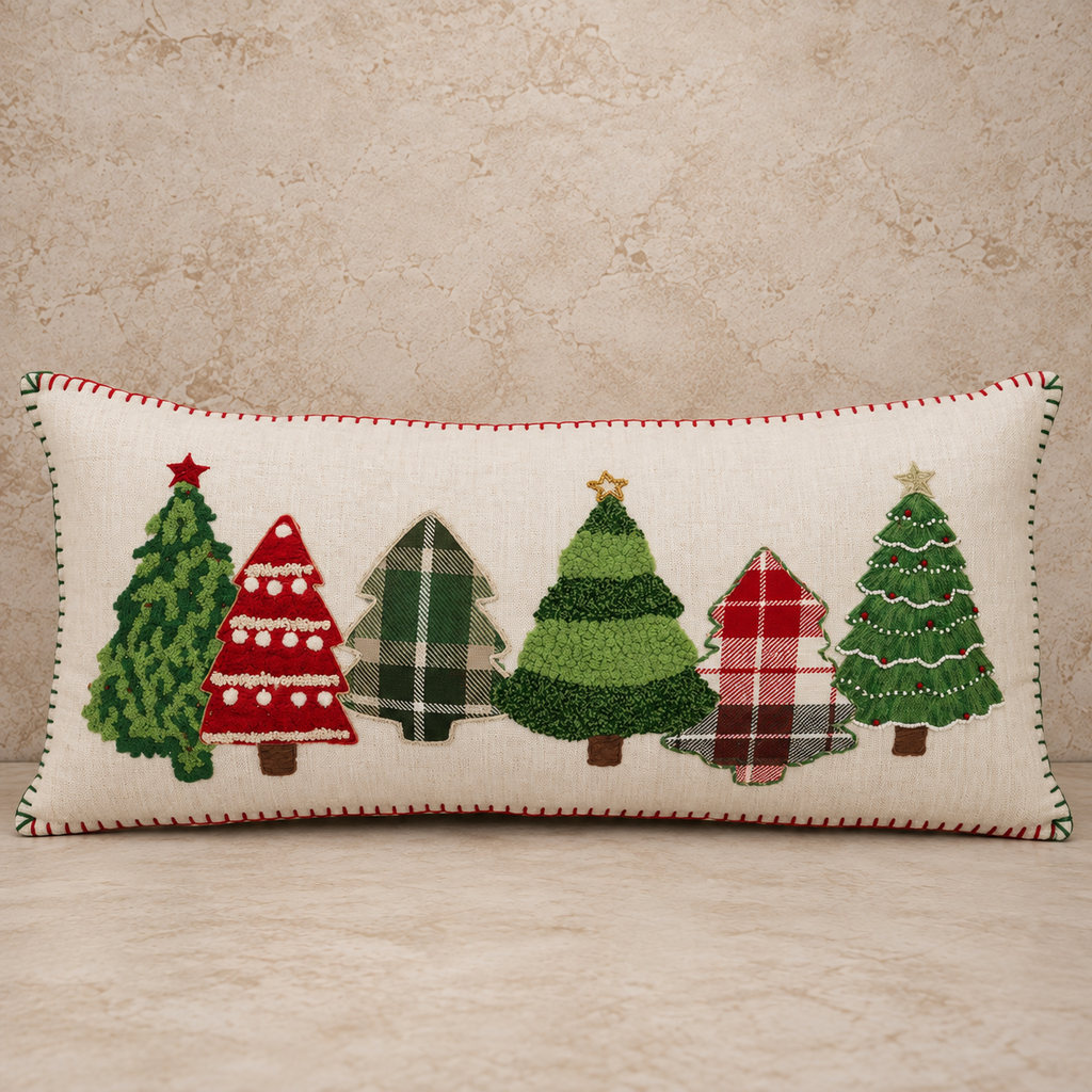 Christmas Red + Green Embroidered Tree Pillow