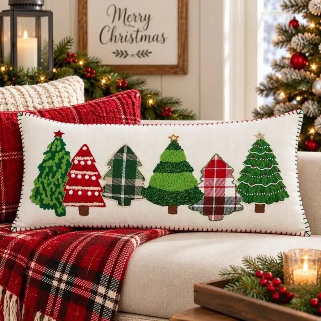 Christmas Red + Green Embroidered Tree Pillow