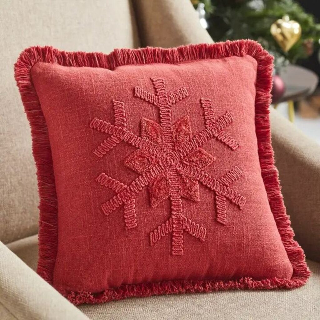 Red Snowflake Fringed Pillow