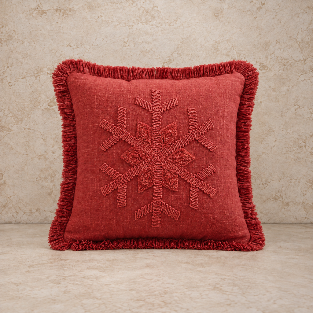 Red Snowflake Fringed Pillow