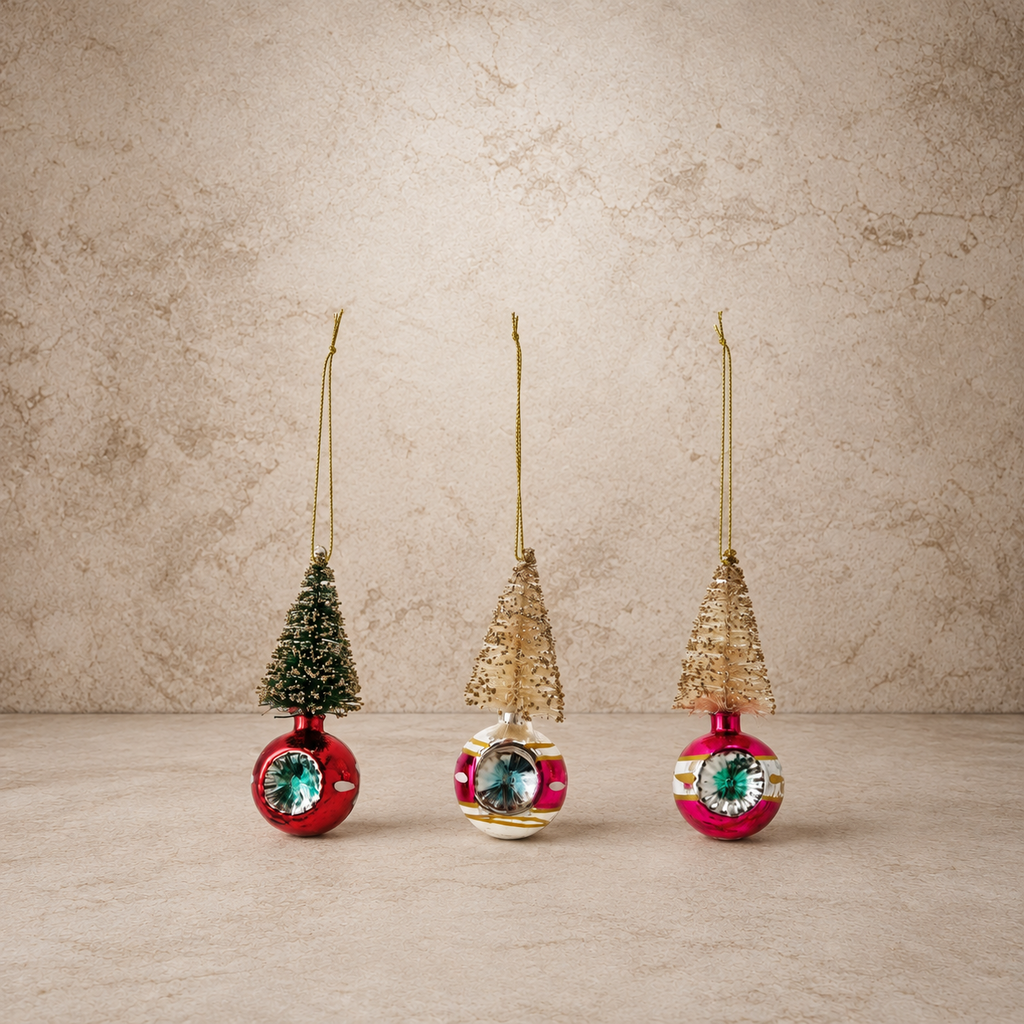 Assorted Mercury Glass Ball Ornament w/ Sisal Bottle Brush