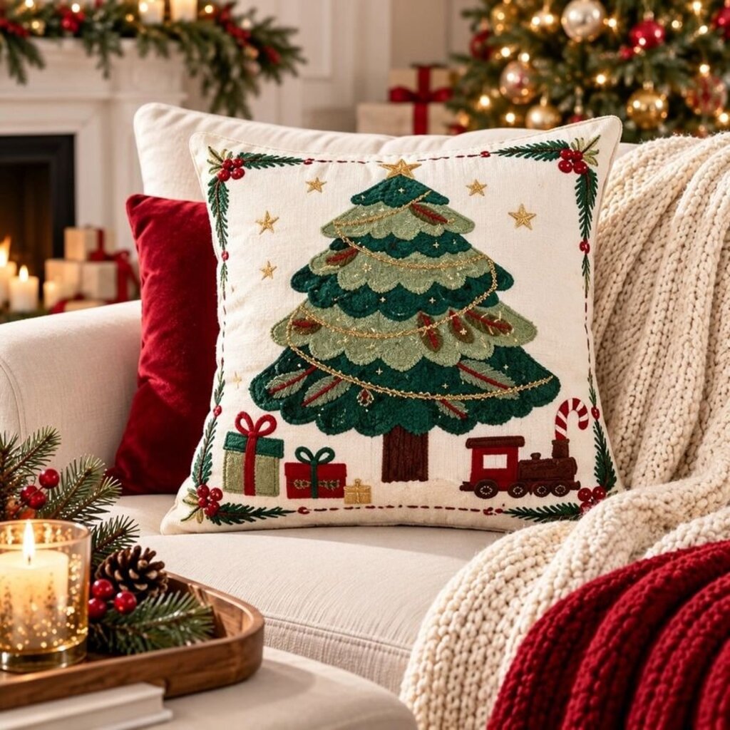 Embroidered Christmas Tree Pillow