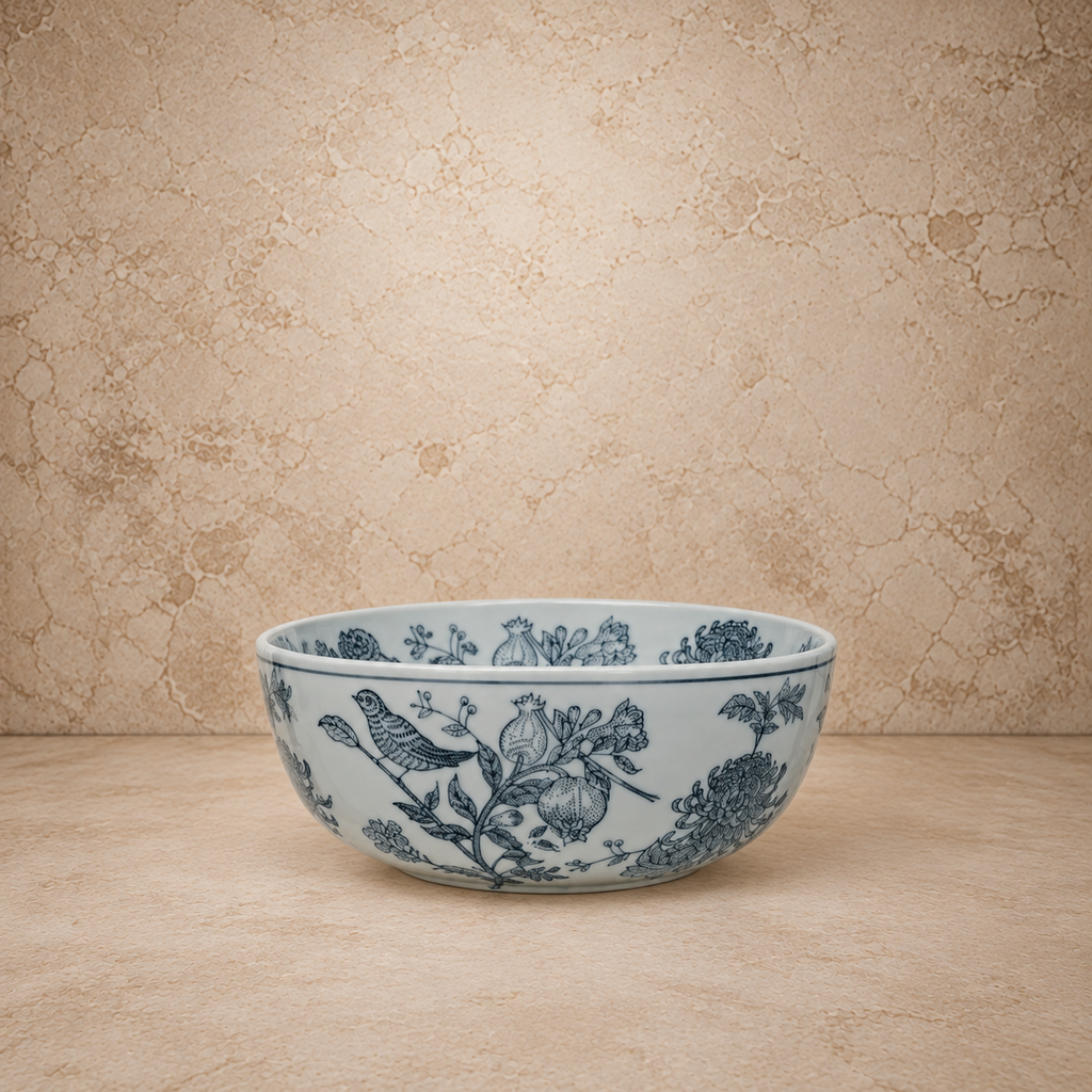 Hand Stamped Botanical Bowl with Birds