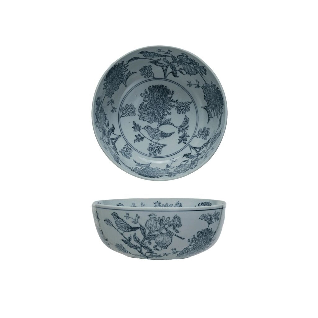 Hand Stamped Botanical Bowl with Birds