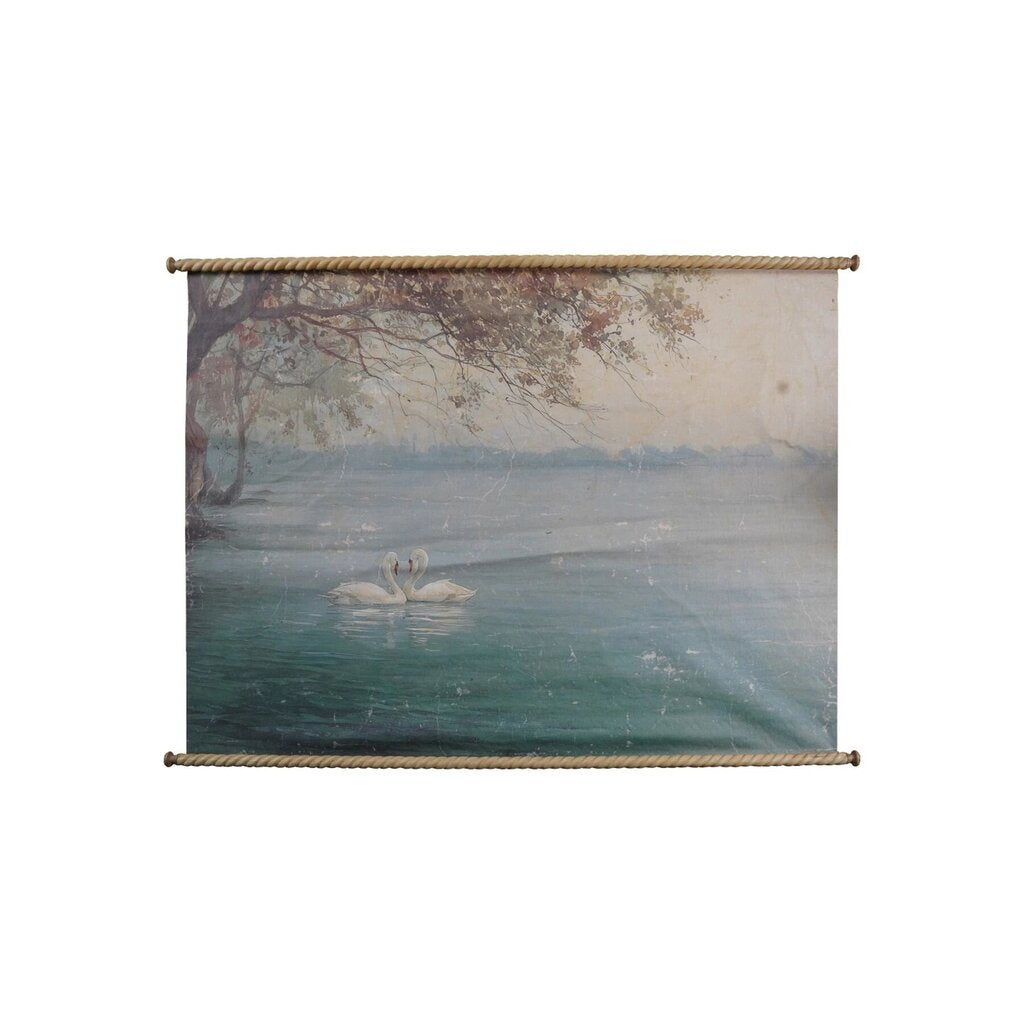 Carved Wood + Canvas Scroll Wall Decor with Swans