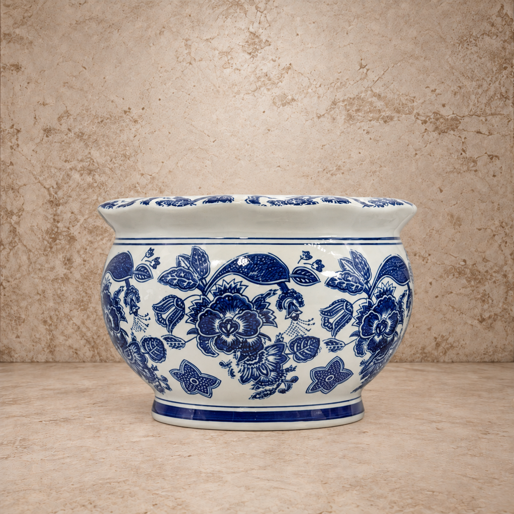 Blue + White Round Ceramic Chinoiserie Pot