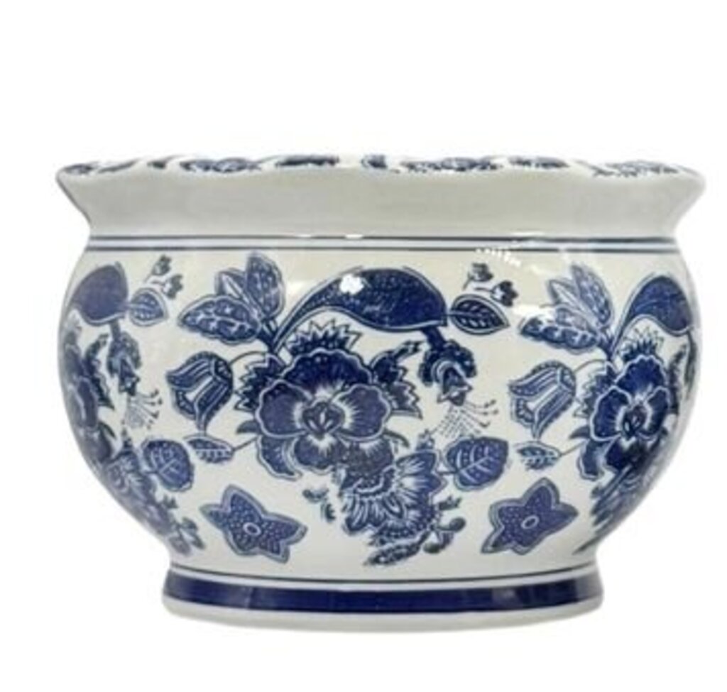 Blue + White Round Ceramic Chinoiserie Pot