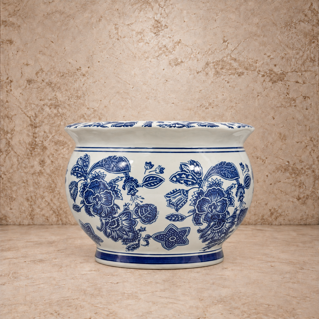 Blue + White Round Ceramic Chinoiserie Pot